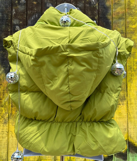 Miss Sparkling brand. Cropped puffer vest in chartreuse green, waist length and zip front with detachable hoodie.