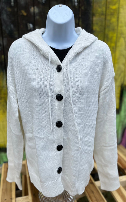 Button front hooded cardigan with adjustable drawstrings and ribbed cuffs is available in classic black, grey or off white.