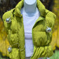 Miss Sparkling brand. Cropped puffer vest in chartreuse green, waist length and zip front with detachable hoodie.