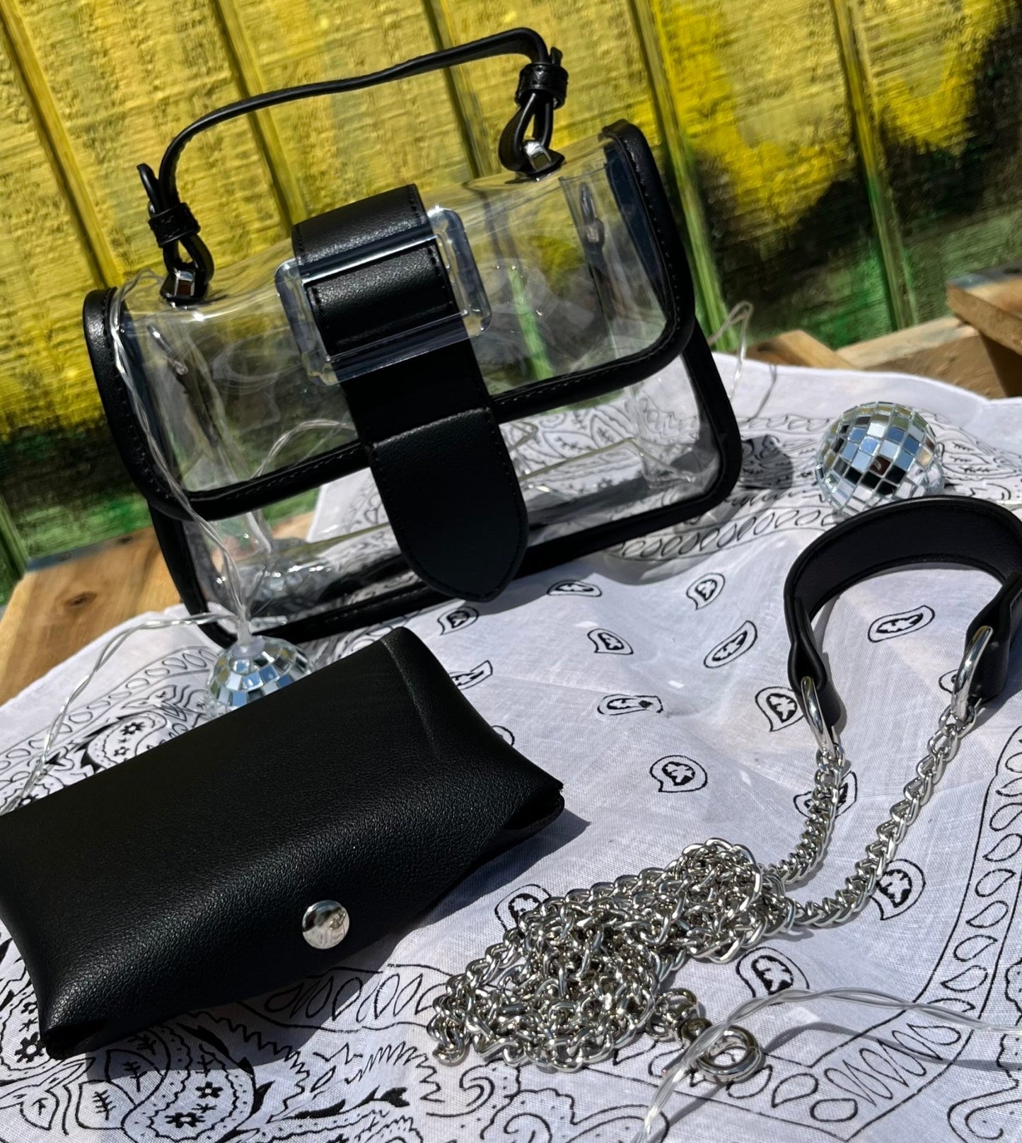 Miss Sparkling brand. Translucent buckle purse with black magnetic buckle, removable snap wallet and long shoulder chain. $28