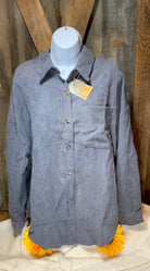 ICOCHIC brand. This versatile soft gray corduroy button down with tan and brown marbled buttons can be a shirt or jacket.