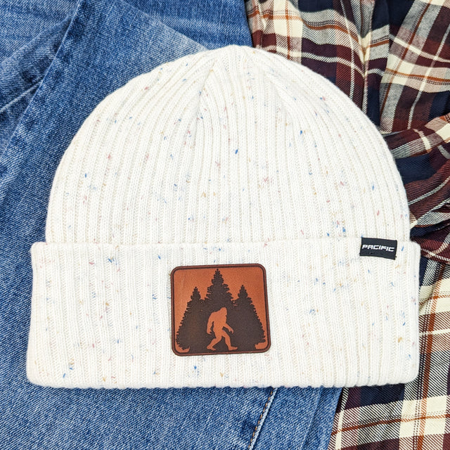 White Pacific Tweed Beanie with Bigfoot Leather Patch - the Boujee Sunflower