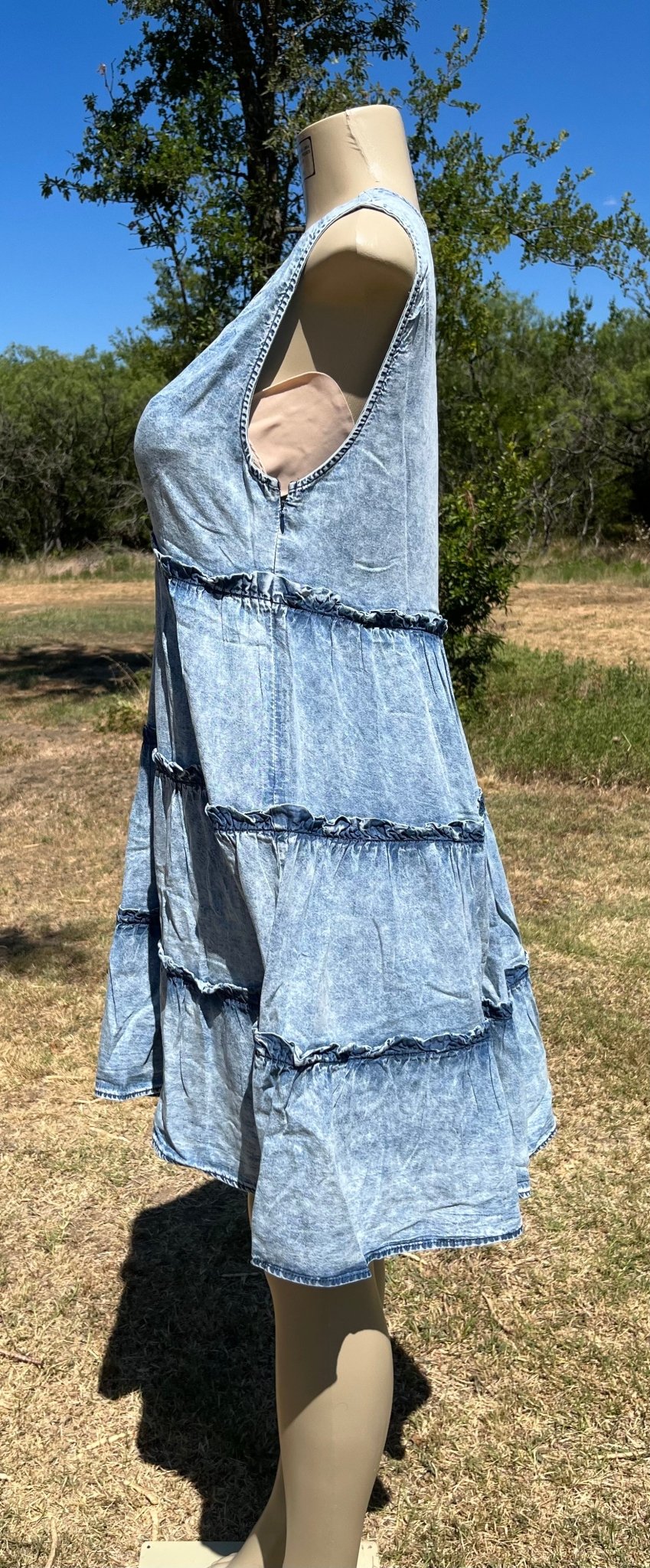 Vanilla Monkey brand. This denim sundress is lightweight, washed denim with ruffle detail and tiered design. S, M, L, XL. $38