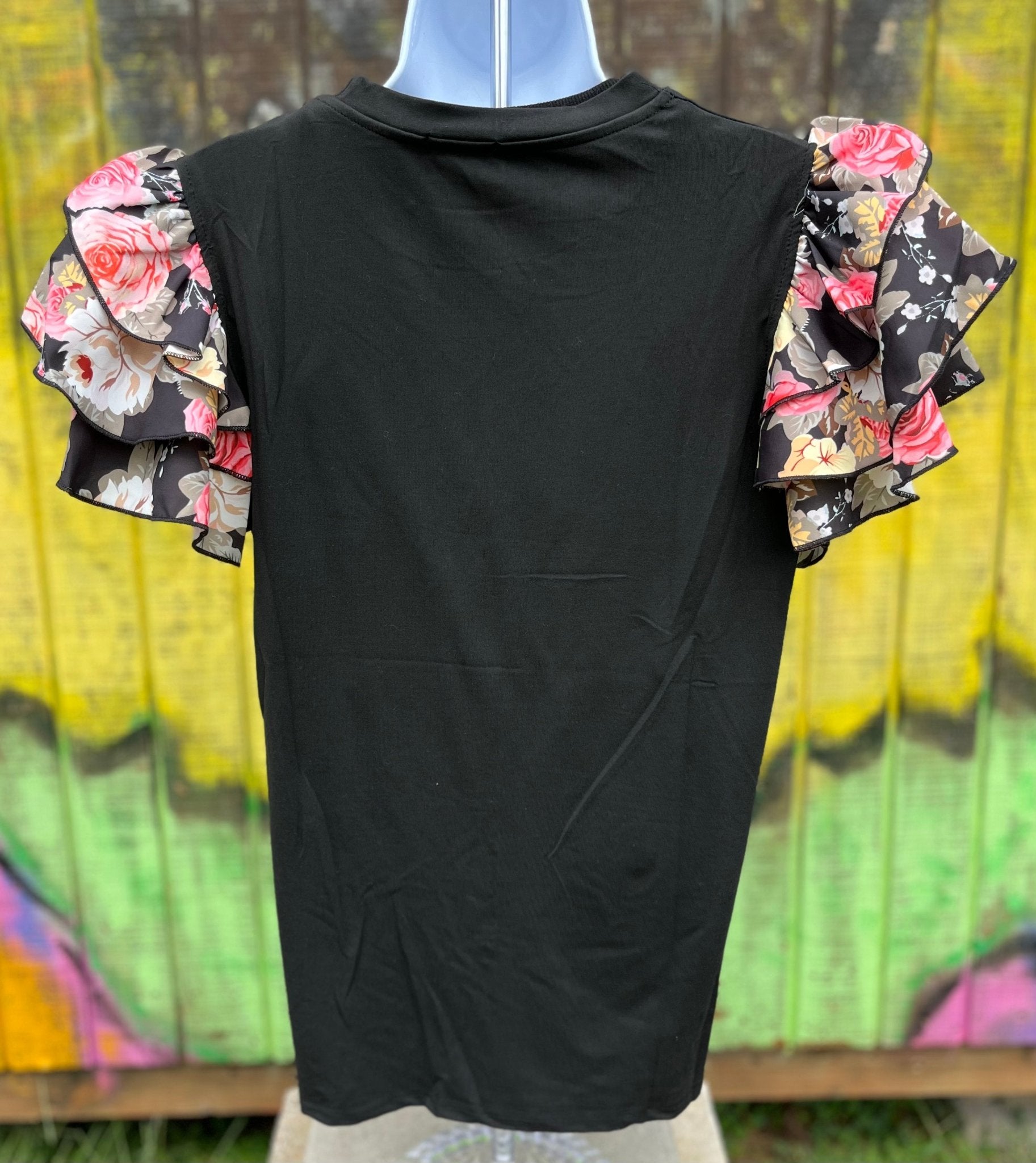 TREND SHOP brand. Black soft bodice with ruffled tiered floral short sleeves and classic crew neck tee. S, M, L $38