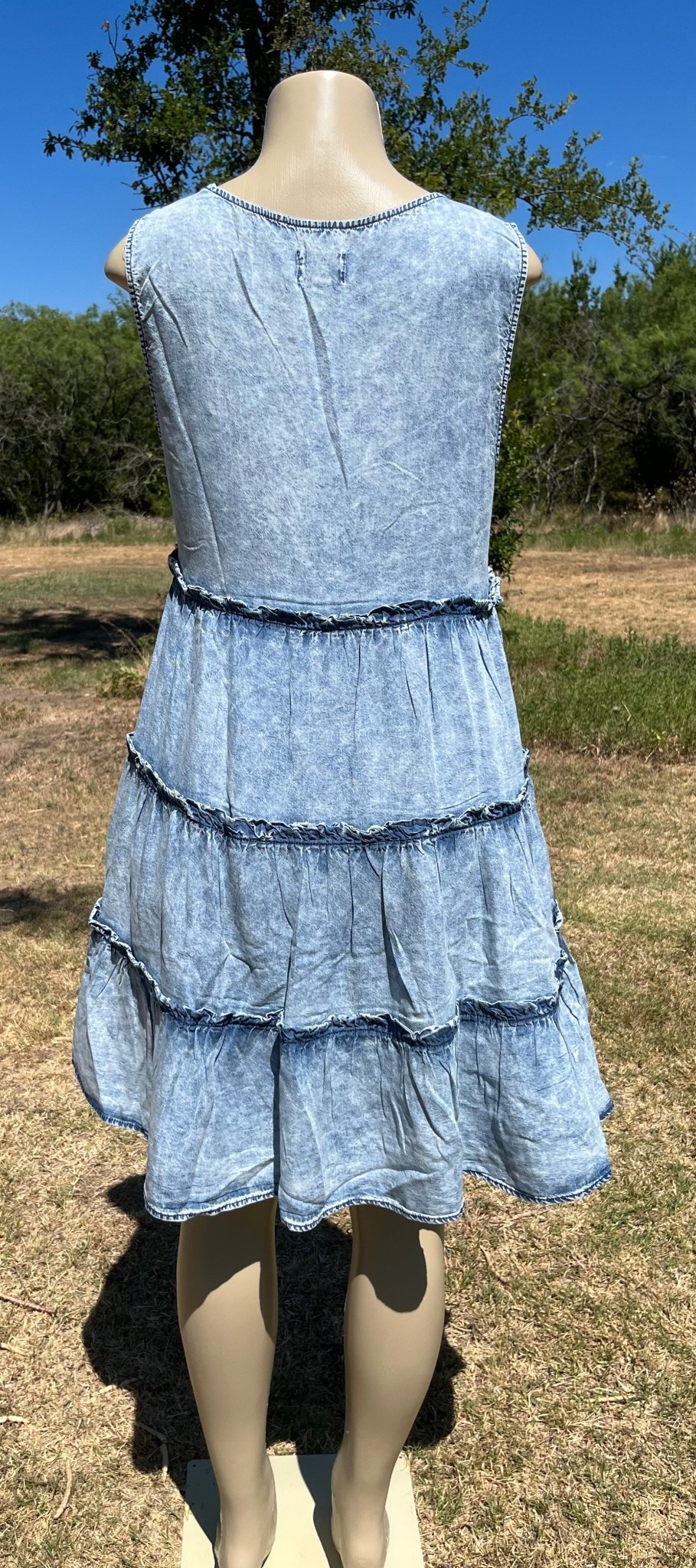 Vanilla Monkey brand. This denim sundress is lightweight, washed denim with ruffle detail and tiered design. S, M, L, XL. $38