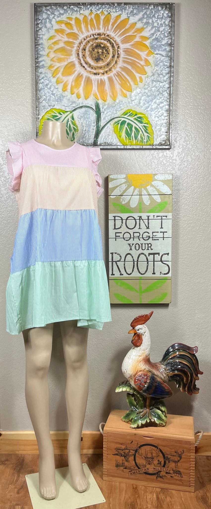 Shopin LA brand. Striped color blocked sundress with side pockets. Ruffle detail. White, pink, yellow/orange, blue and green.