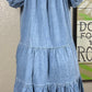 Shopin LA brand. This lightweight denim dress has elastic neckline and sleeves, tiered skirt and side pockets.