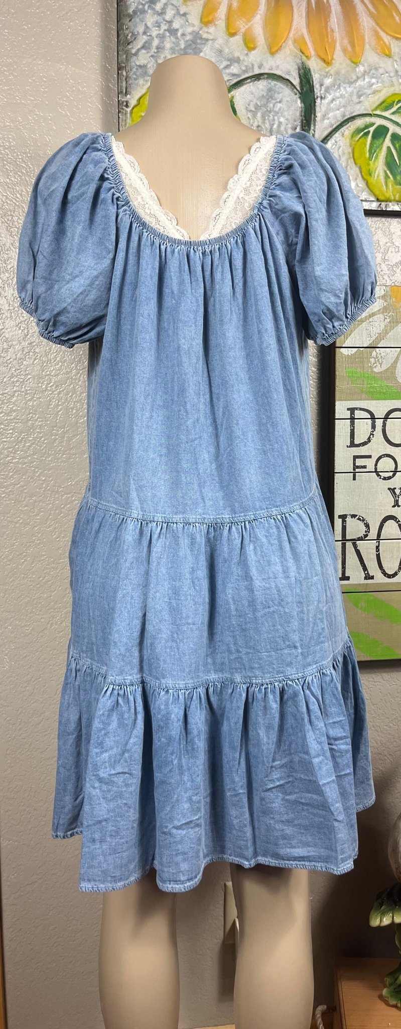 Shopin LA brand. This lightweight denim dress has elastic neckline and sleeves, tiered skirt and side pockets.