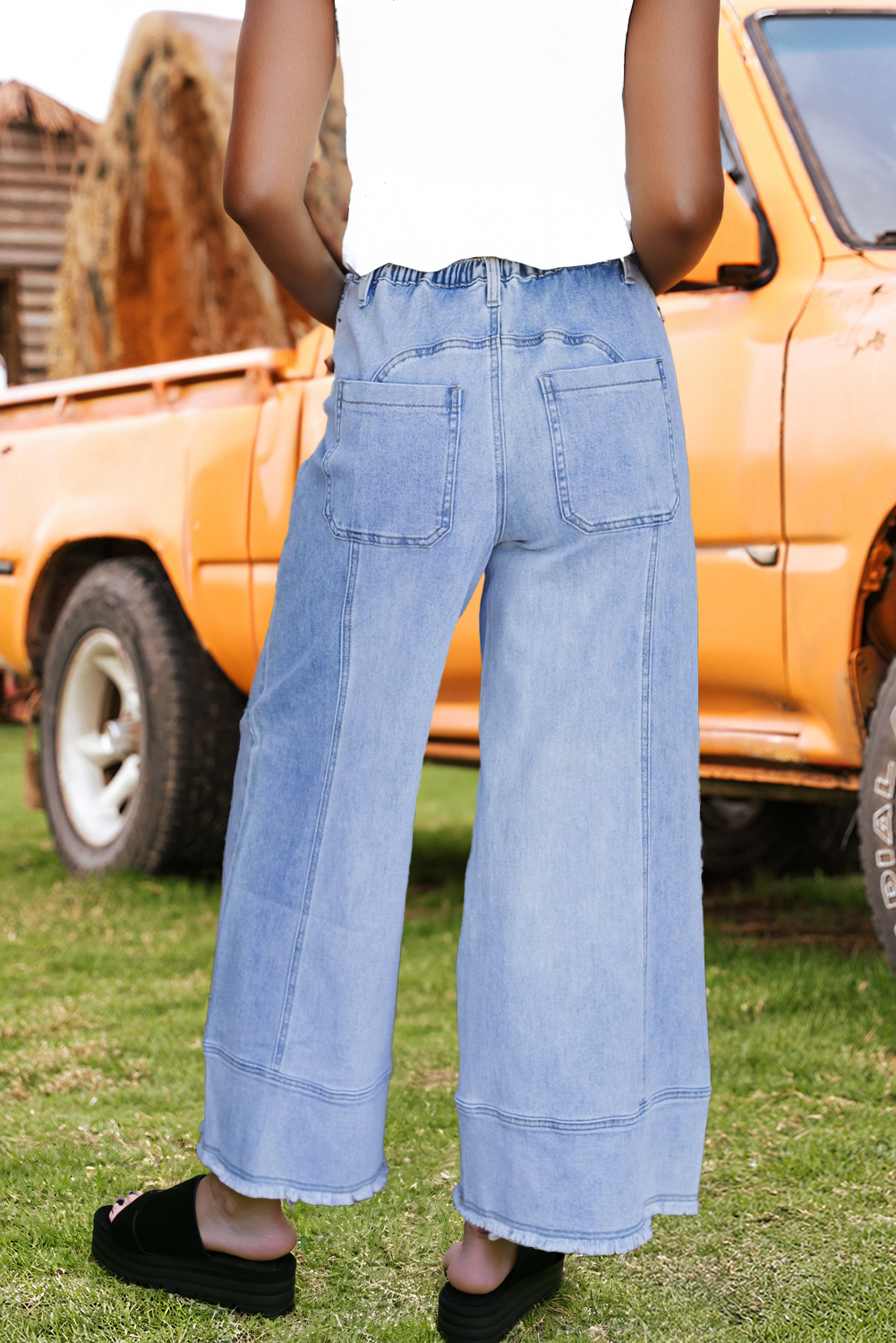 Fashion-W Drawstring Seam Detail Raw Hem Denim Pants*4-16 - the Boujee Sunflower