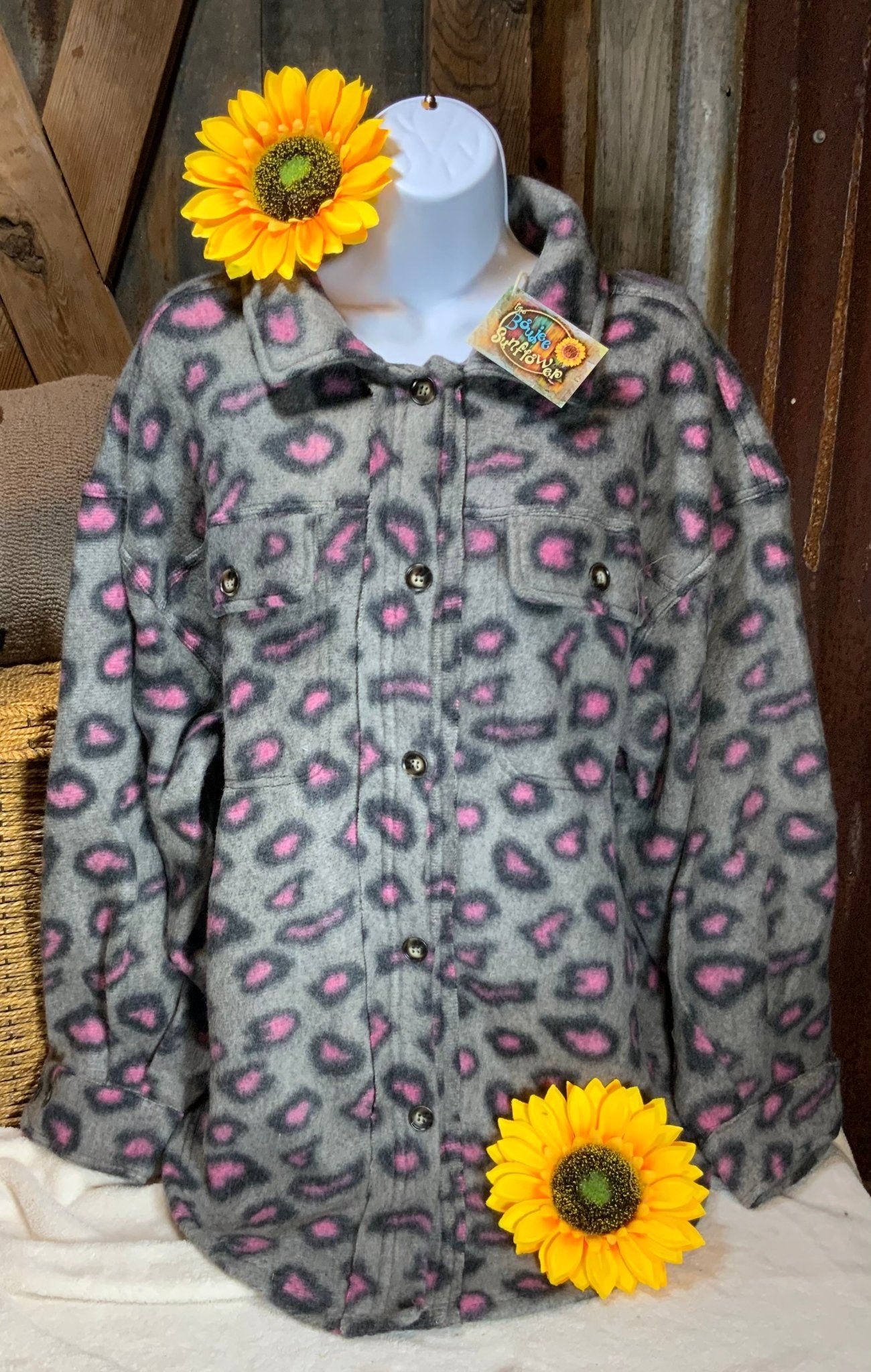 Vanilla Monkey brand. Grey with pink leopard button down loose fitting shacket in soft brushed material. S, M, L, XL. $35