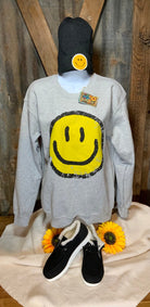 Boho Jane brand. Happy face sweatshirt in white or gray. S, M, L, XL. $28