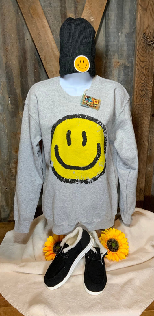 Boho Jane brand. Happy face sweatshirt in white or gray. S, M, L, XL. $28