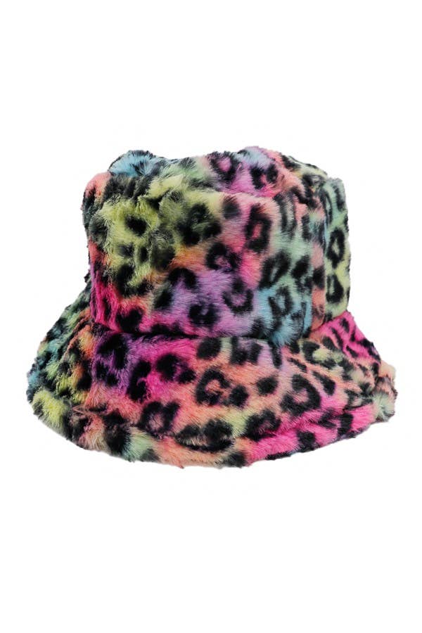 Tie Dye Leopard Patterned Faux Fur Bucket Hat