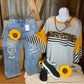 And the Why brand. This lightweight gray top with wide sleeves has mustard colored, white/black stripes,  leopard accents.