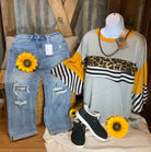 And the Why brand. This lightweight gray top with wide sleeves has mustard colored, white/black stripes,  leopard accents.