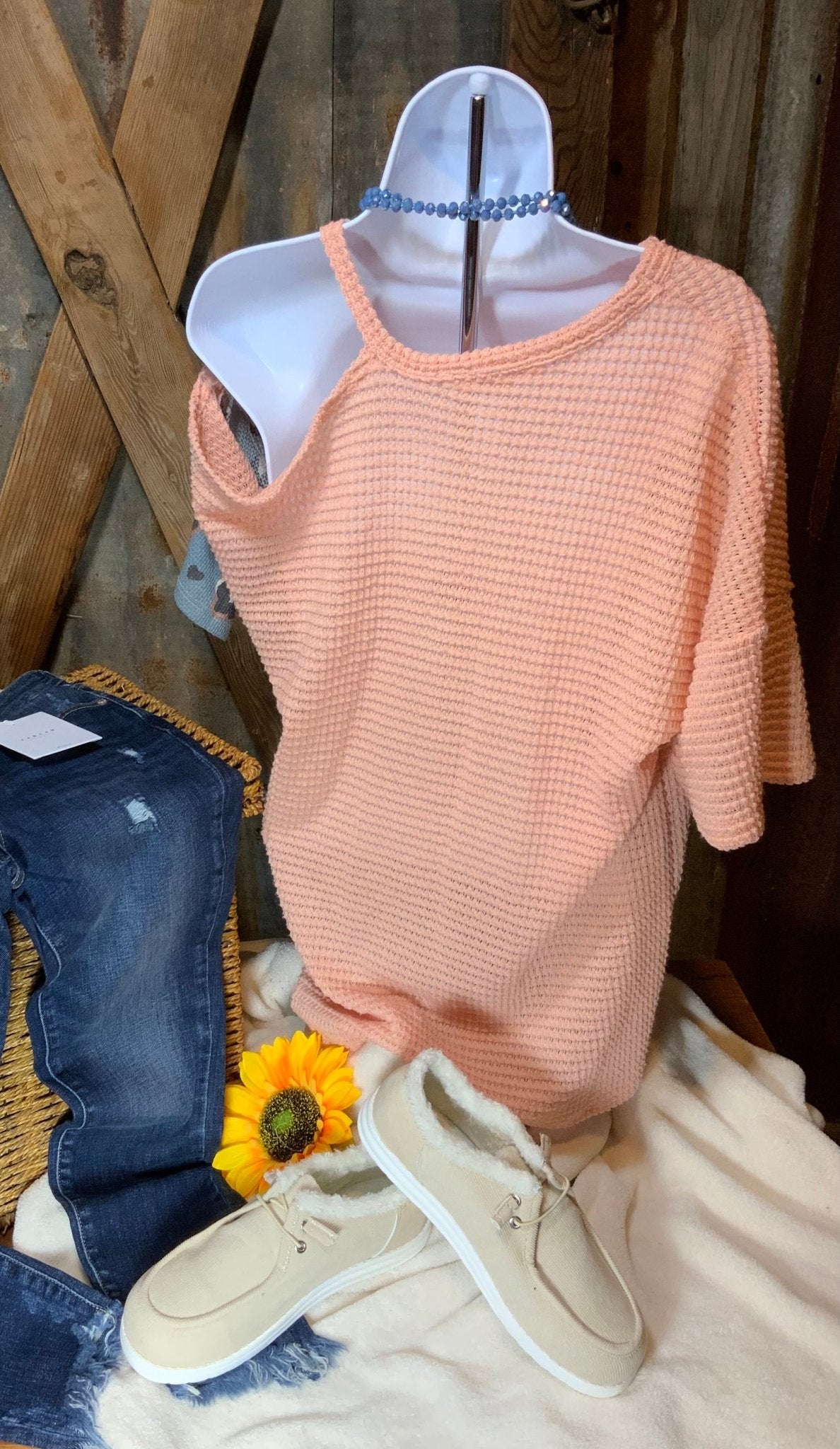 Lovely J brand. Blush waffle knit off the shoulder contrast with blue leopard print. S, M, L $25