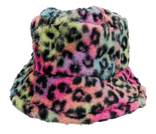 Tie Dye Leopard Patterned Faux Fur Bucket Hat