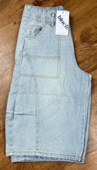 Blue B brand. These light wash cargo denim knee length shorts feature a mid-rise and exaggerated tapered slouchy fit.