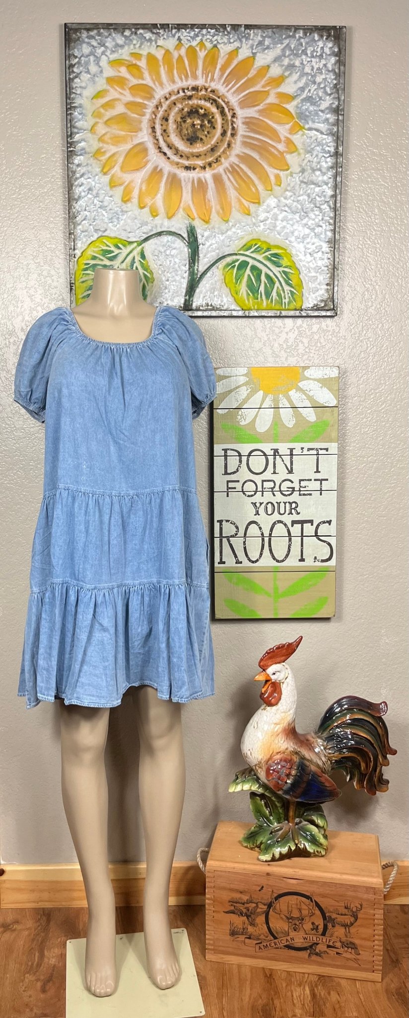 Shopin LA brand. This lightweight denim dress has elastic neckline and sleeves, tiered skirt and side pockets.