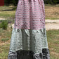 Vanilla Monkey. Midi dress w/ tie shoulders in beige, pink, sage, black & white color blocking, puckered, checkered  fabric.