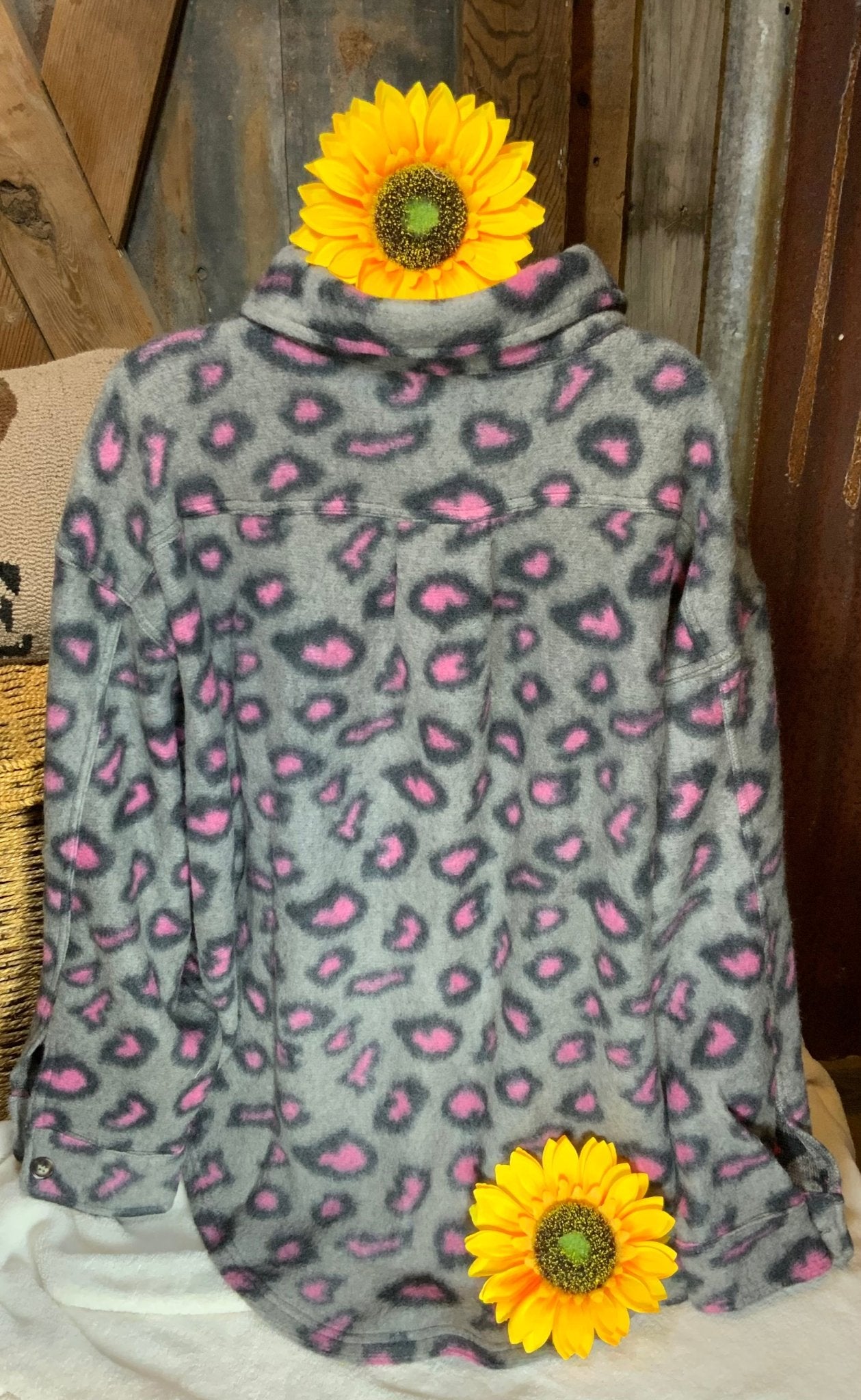 Vanilla Monkey brand. Grey with pink leopard button down loose fitting shacket in soft brushed material. S, M, L, XL. $35