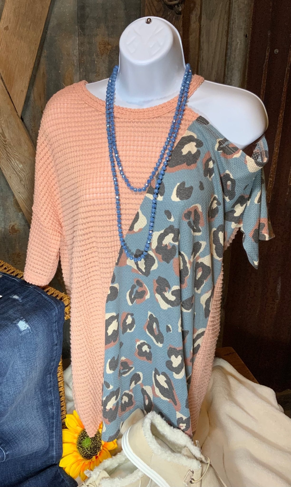 Lovely J brand. Blush waffle knit off the shoulder contrast with blue leopard print. S, M, L $25