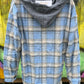 ePretty brand. Light blue, cream and gray plaid flannel button down shacket with front pocket drawstring hoodie.