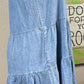 Shopin LA brand. This lightweight denim dress has elastic neckline and sleeves, tiered skirt and side pockets.