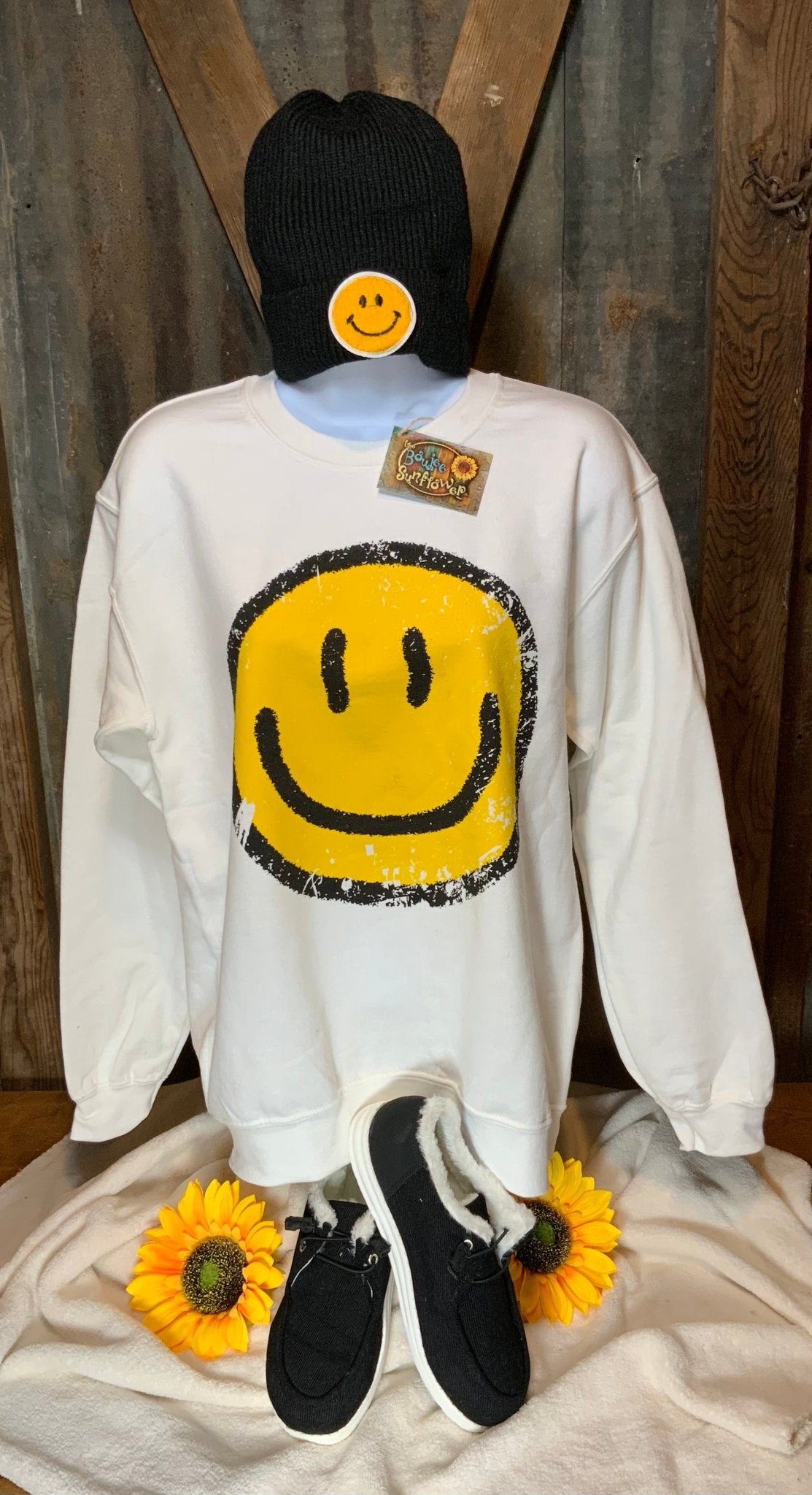 Boho Jane brand. Happy face sweatshirt in white or gray. S, M, L, XL. $28