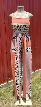 Vanilla Monkey. Tie shoulders with smocked bodice. Salmon and leopard color block. S, M $40