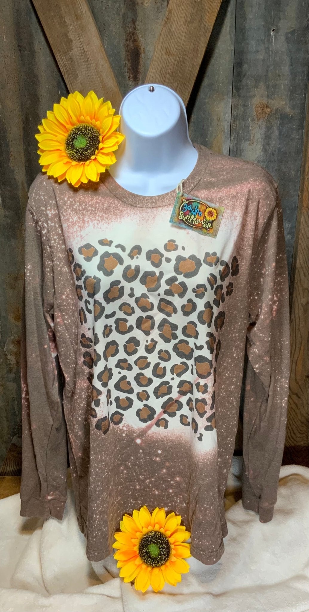 Long sleeved, brown bleached with leopard print sublimation tee. S, M, L, XL, 2X $18