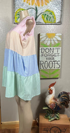 Shopin LA brand. Striped color blocked sundress with side pockets. Ruffle detail. White, pink, yellow/orange, blue and green.