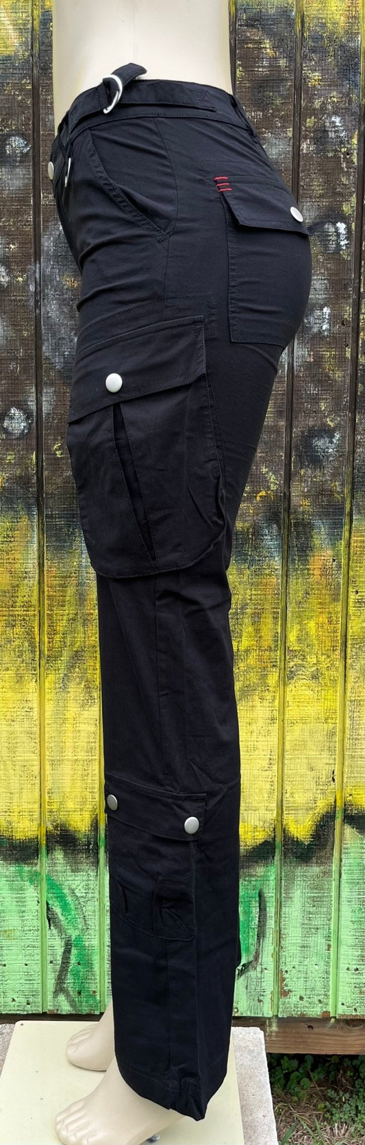 ADORA LA brand. These black cargo pants feature a low rise, straight fit with an adjustable D-ring waist detail. S, M, L $48