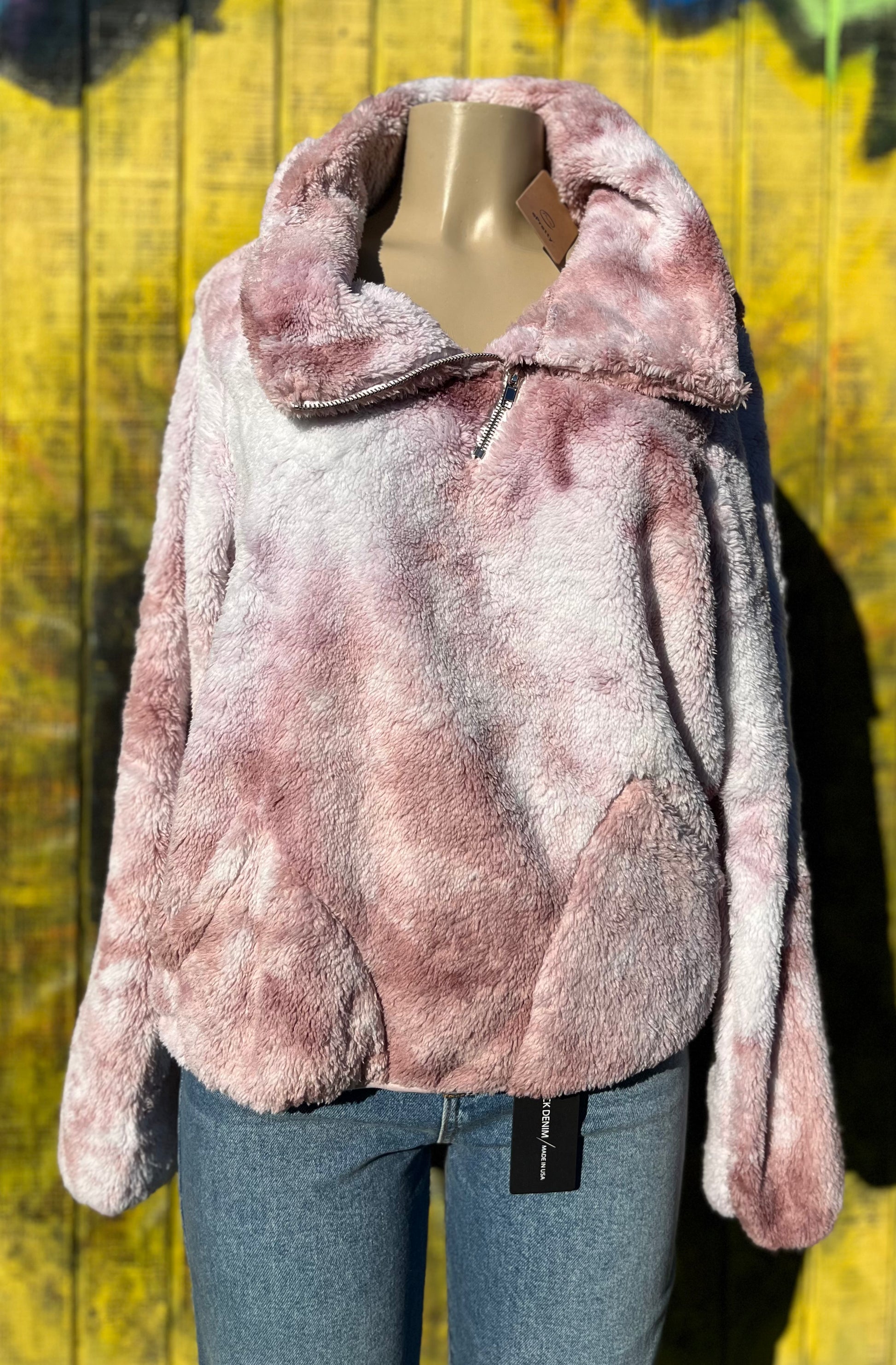 ePretty brand. Tie dye Sherpa jacket in Dark Pink or Light Blue. Floppy collar and short zipper. Deep pockets. S, M, L, XL. $23