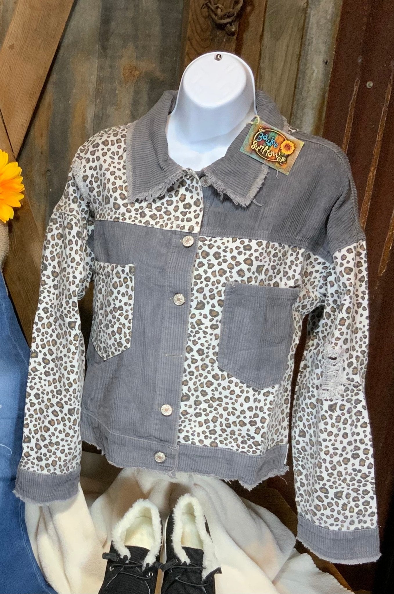 Unishe brand. A distressed corduroy leopard and gray contrast button down jacket with frayed collar.  S, M, L. $35