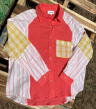 Color block blouse w/ solid, stripes, & plaid multicolored prints in deep coral, mustard & white textured design.