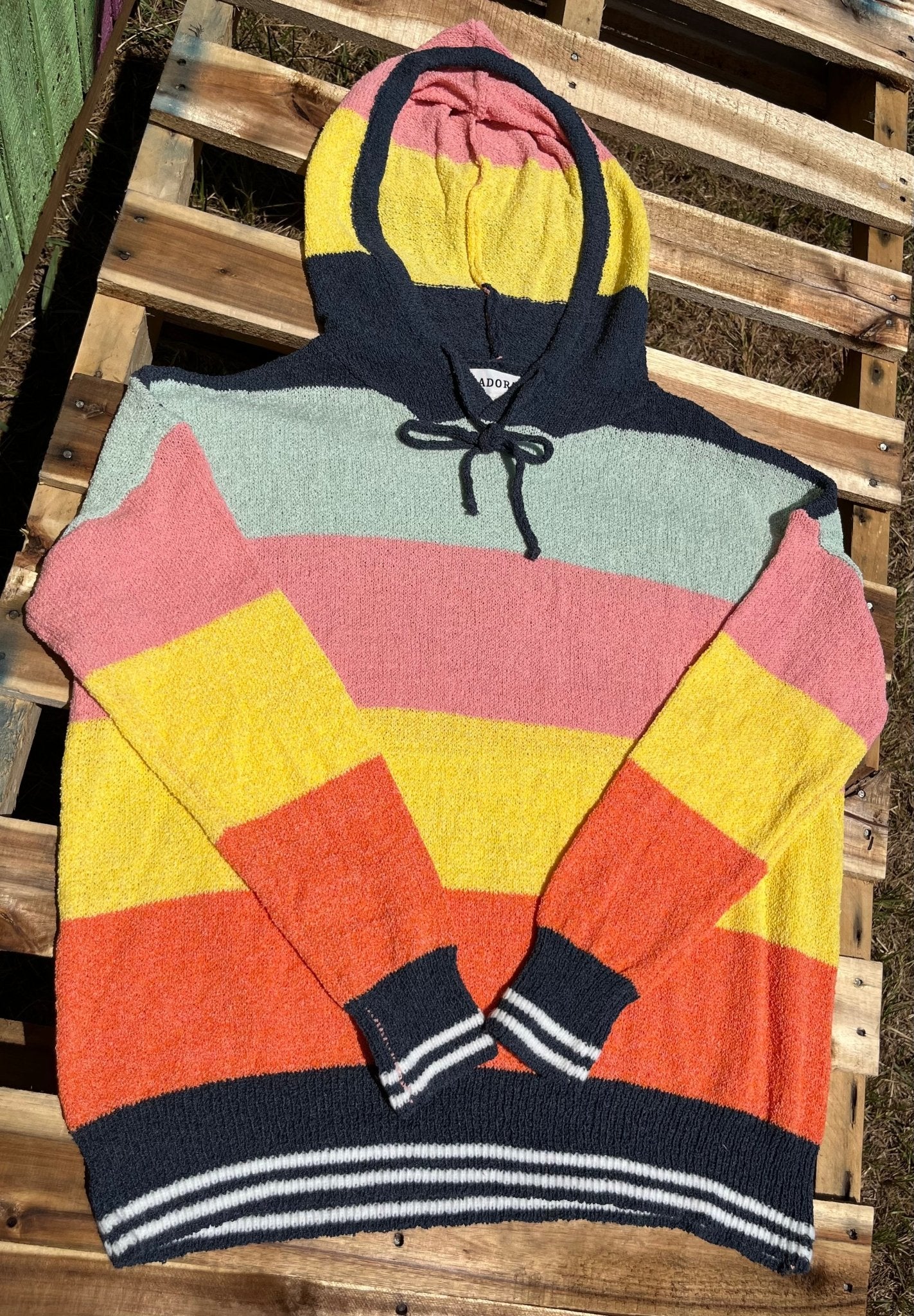 ADORA LA brand. Soft multicolored rainbow hoodie with drawstrings. S, M, L $35