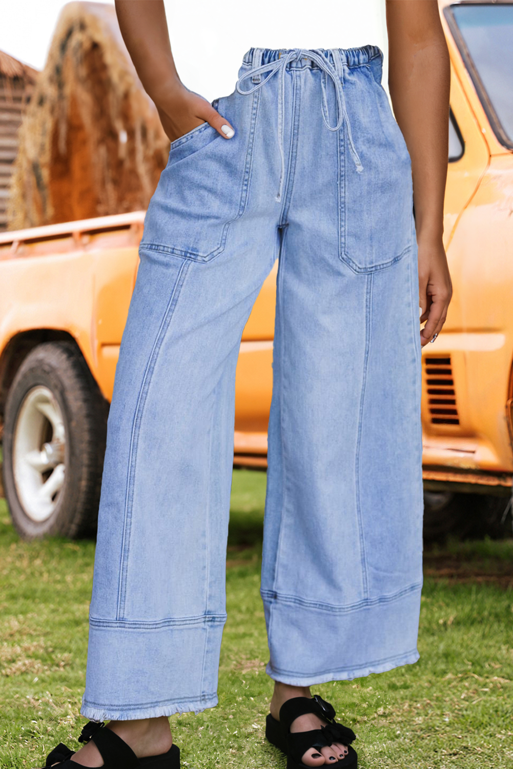 Fashion-W Drawstring Seam Detail Raw Hem Denim Pants*4-16 - the Boujee Sunflower