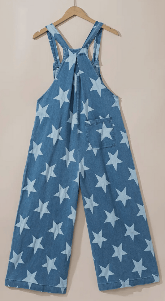 Star Print Button Strap Denim Overalls