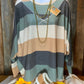 Vanilla Monkey brand. Long sleeved Dolman top with navy, olive, cream and tan stripes in loose knit fabric. S, L $20
