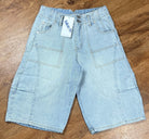 Blue B brand. These light wash cargo denim knee length shorts feature a mid-rise and exaggerated tapered slouchy fit.