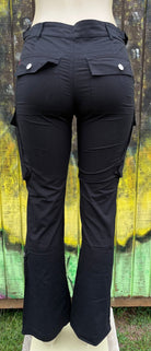 ADORA LA brand. These black cargo pants feature a low rise, straight fit with an adjustable D-ring waist detail. S, M, L $48