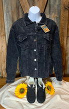 Vanilla Monkey brand. Black washed corduroy jacket with metal buttons. Frayed bottom hem. S, M, L $40.