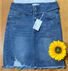 Urban Daisy brand. Distressed denim mini skirt with fold over button fly waist. S, M, L $38.75