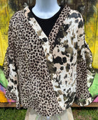 AMOLI brand. Sheer chiffon fabric with leopard and splotched color block design with sliced ruffled sleeves. S, M, L. $38