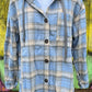 ePretty brand. Light blue, cream and gray plaid flannel button down shacket with front pocket drawstring hoodie.