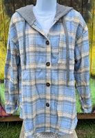 ePretty brand. Light blue, cream and gray plaid flannel button down shacket with front pocket drawstring hoodie.