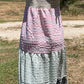 Vanilla Monkey. Midi dress w/ tie shoulders in beige, pink, sage, black & white color blocking, puckered, checkered  fabric.