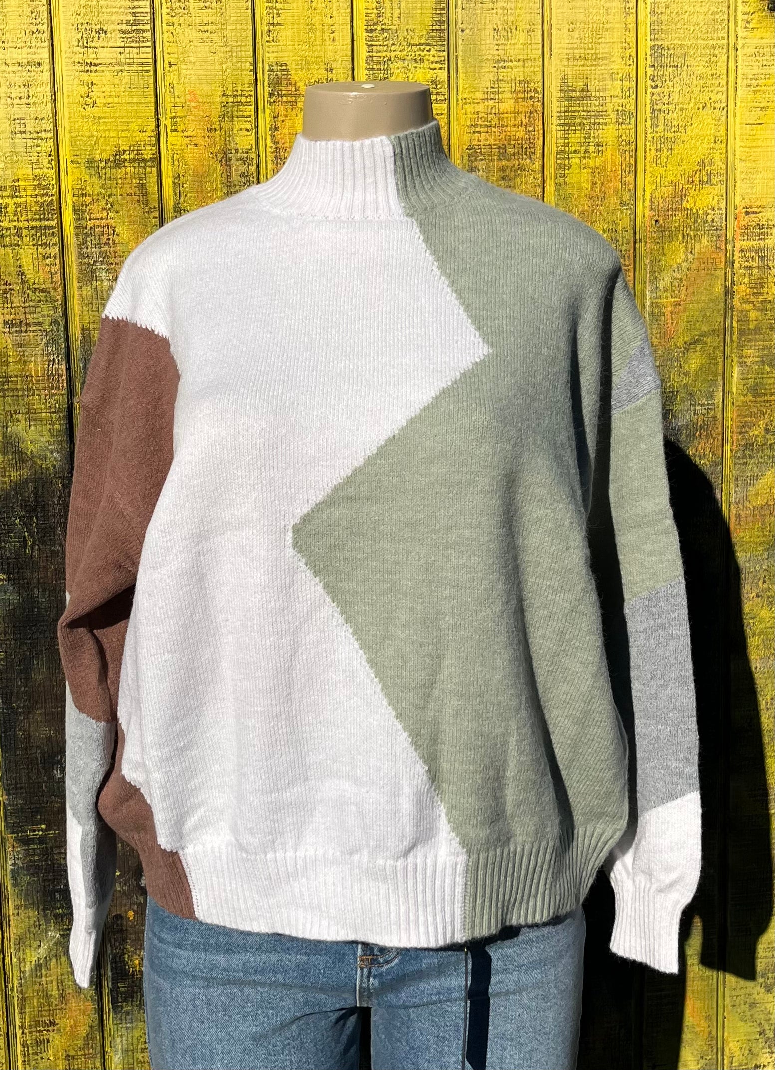 Lily Clothing brand. ZigZag turtleneck pullover sweater color block in white, gray, brown and sage. S, M, L, XL. $36