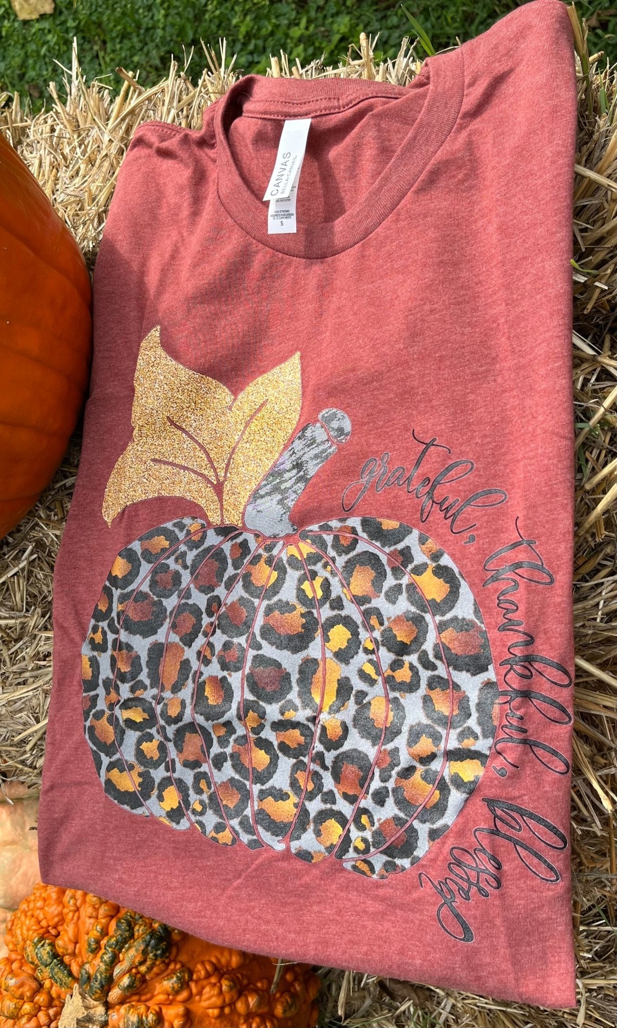 Wandering Owl Designs brand. Grateful, Thankful, Blessed leopard pumpkin with gold leaf tee. S, M, L, XL, 2XL. $25